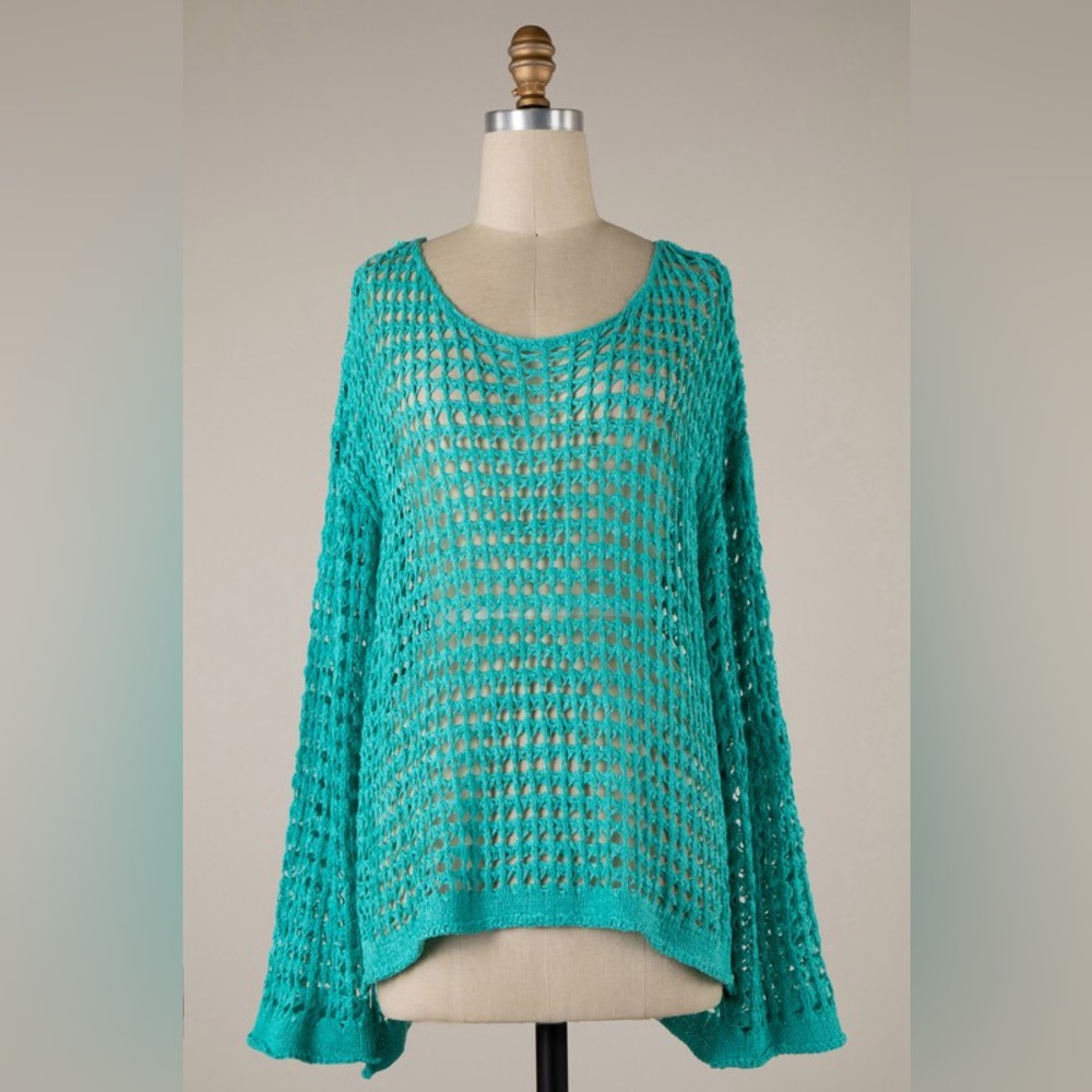 Open-Weave Scoop Neck Pullover in Turquoise